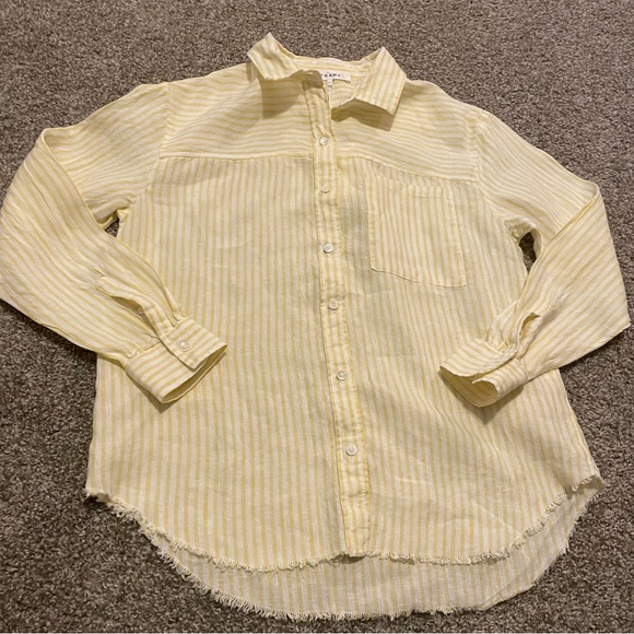 NWT Frame Striped Linen Button Down shirt yellow white L‎ relaxed casual coastal - Picture 2 of 5